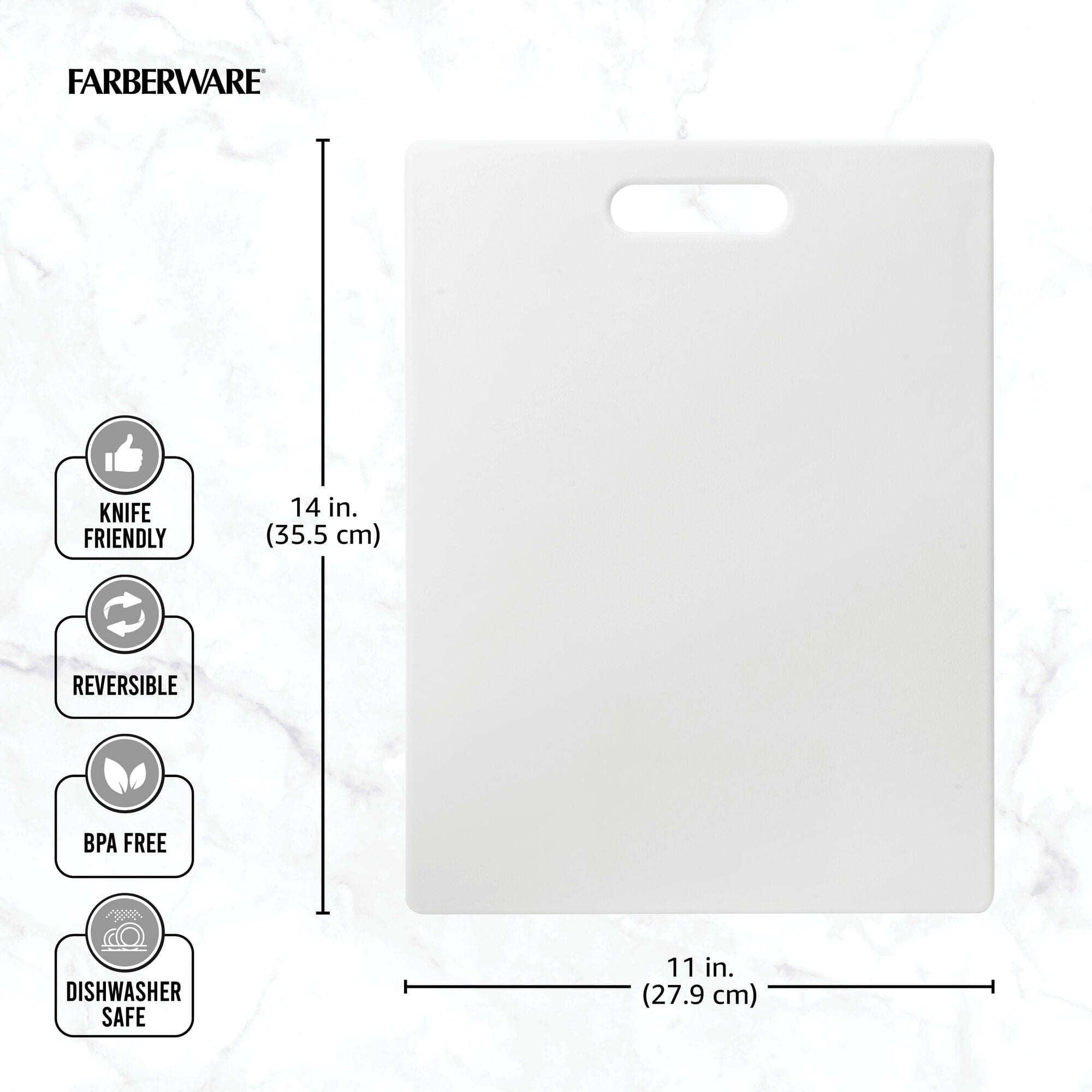 FARBERWARE Large Cutting Board, Dishwasher- Safe Plastic Chopping Board for Kitchen with Easy Grip Handle, 11in by 14in, White