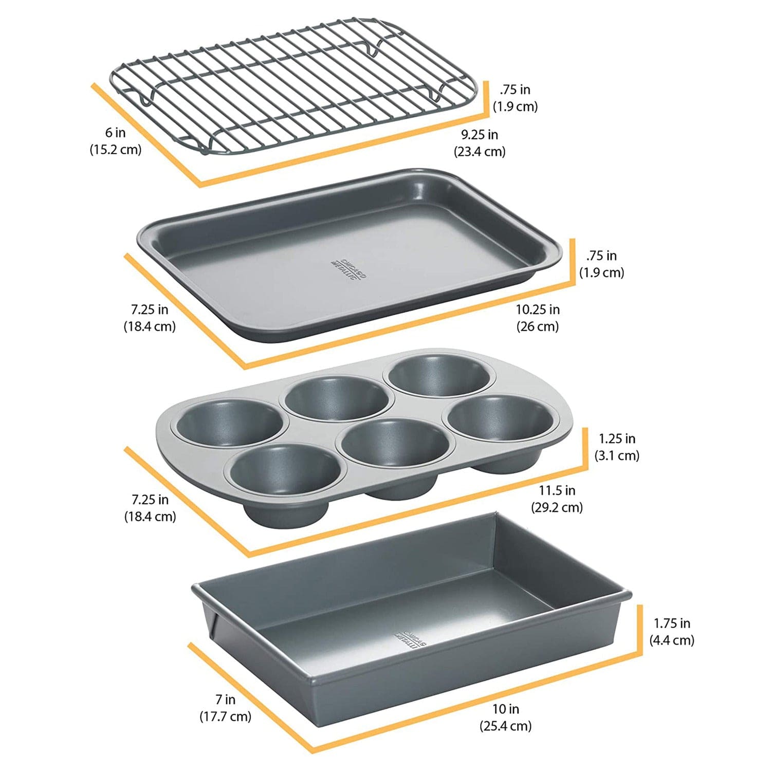 Chicago Metallic Non-Stick Toaster Oven Bakeware Set, 4-Piece, Carbon Steel