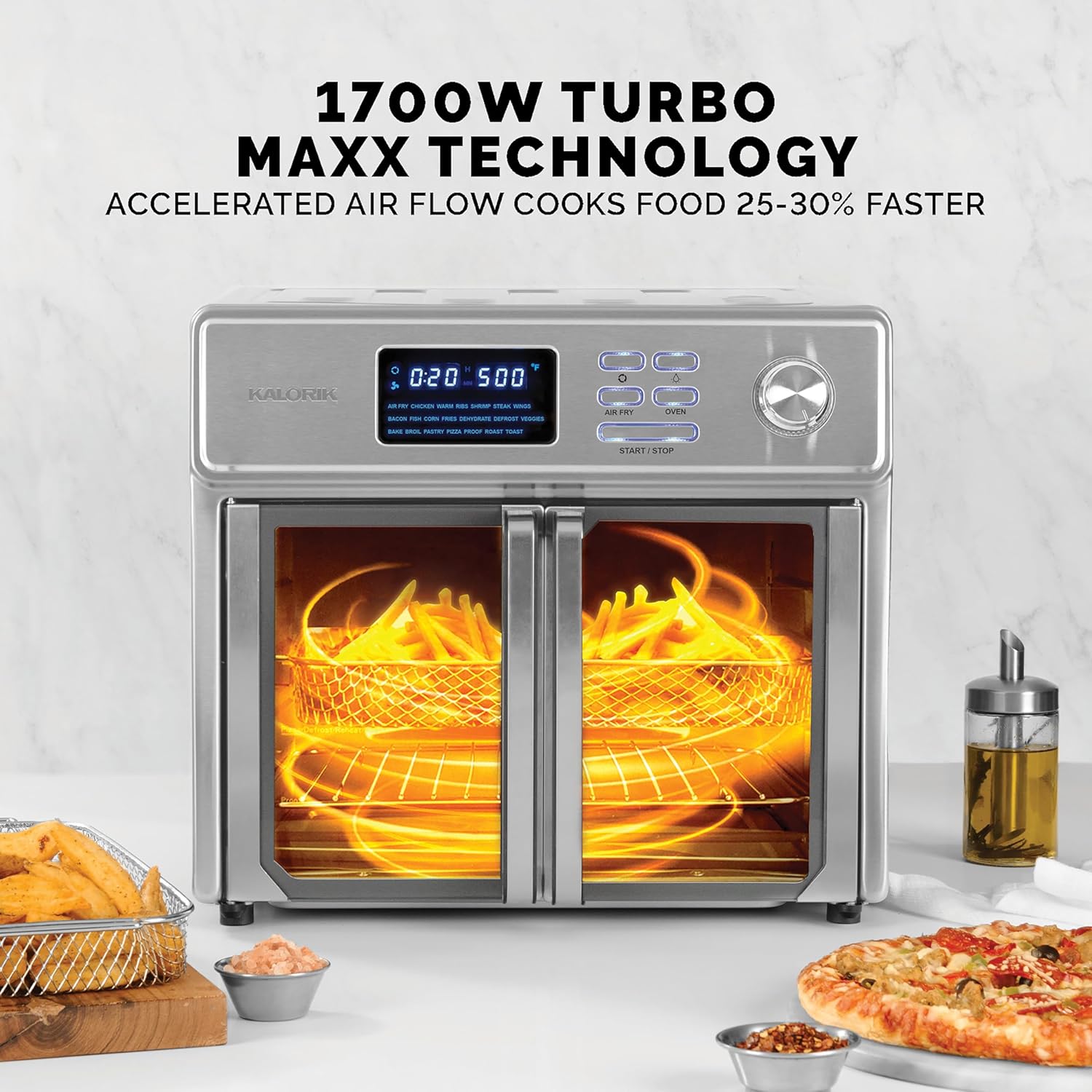 Kalorik MAXX 26 Quart 10-in-1 Countertop Toaster Oven & Air Fryer Combo, Glass French Door, 9 Accessories, 1700-Watts, Stainless Steel