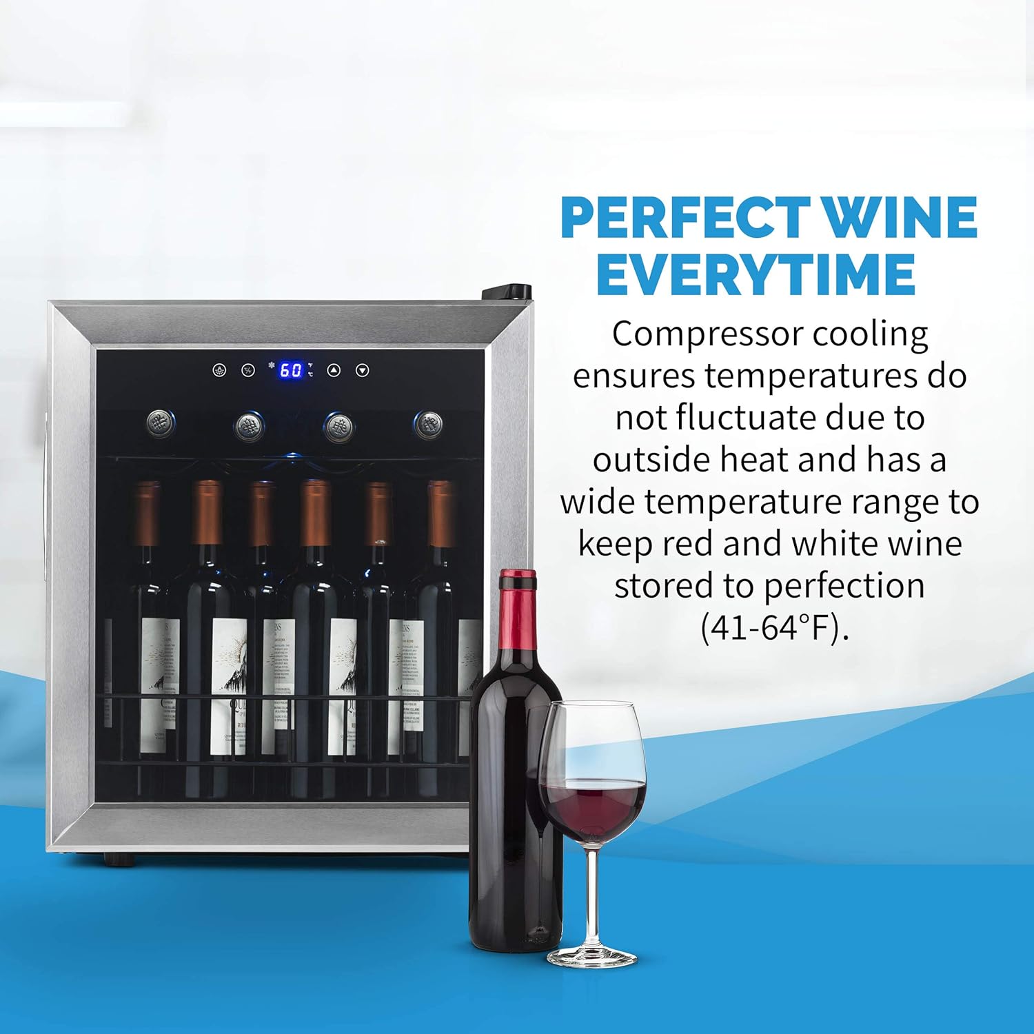 Newair Freestanding Wine Fridge with Digital Thermostat, 16 Bottles, Stainless Steel - Certified Refurbished