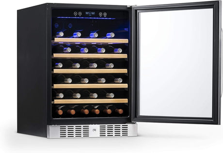 Newair 24" Built-In Wine Fridge with Beech Wood Shelves, 52 Bottles, Stainless Steel  - Certified Refurbished
