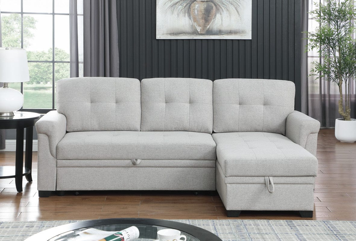 Willow & Hearth Lucca 84"W Light Gray Linen Reversible Sleeper Sectional Sofa with Storage Chaise