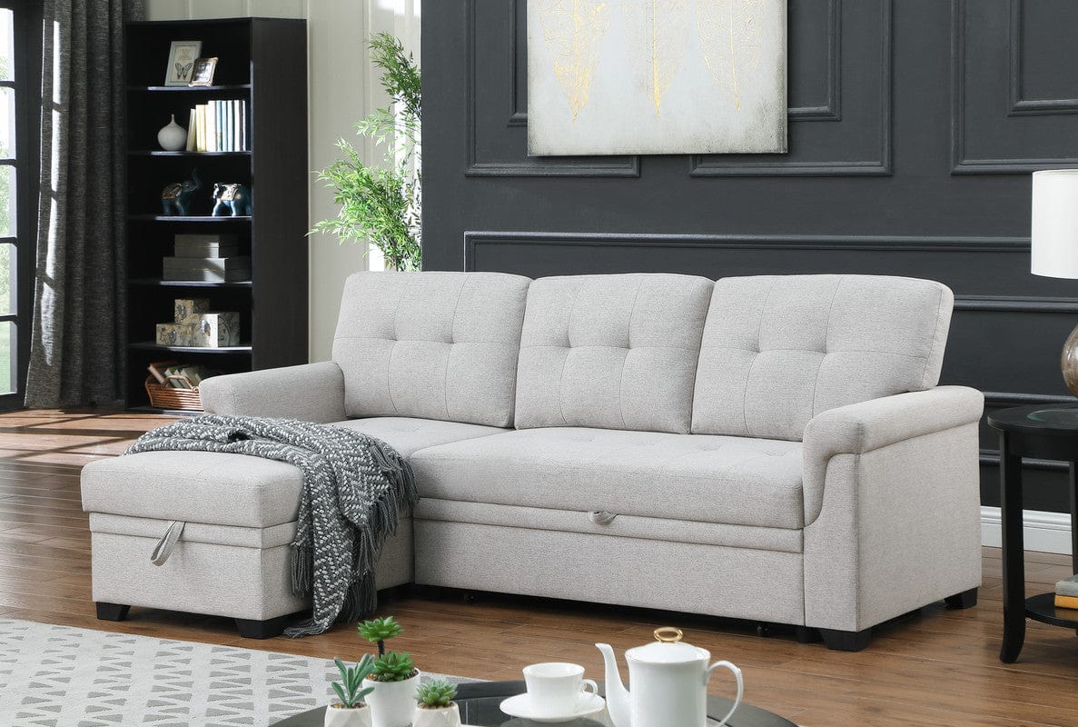 Willow & Hearth Lucca 84"W Light Gray Linen Reversible Sleeper Sectional Sofa with Storage Chaise