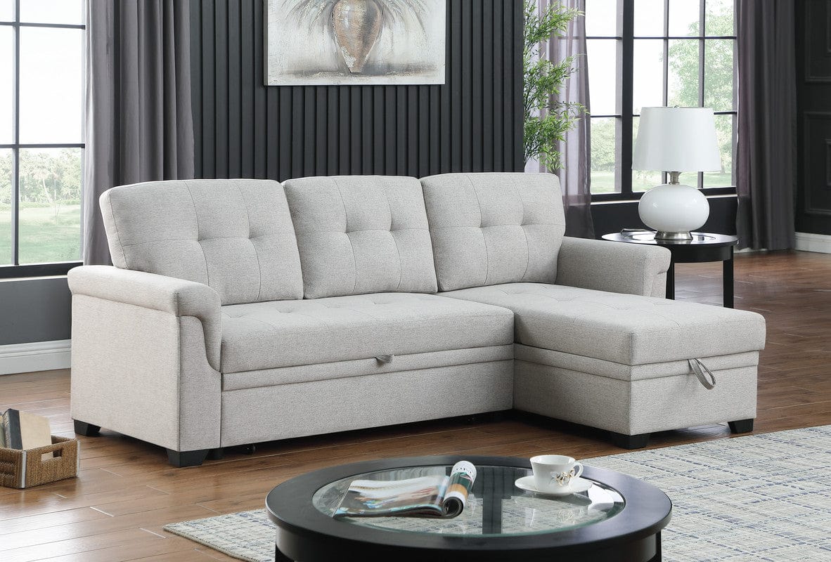 Willow & Hearth Lucca 84"W Light Gray Linen Reversible Sleeper Sectional Sofa with Storage Chaise