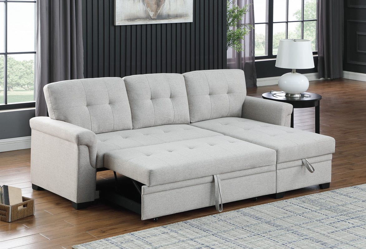 Willow & Hearth Lucca 84"W Light Gray Linen Reversible Sleeper Sectional Sofa with Storage Chaise
