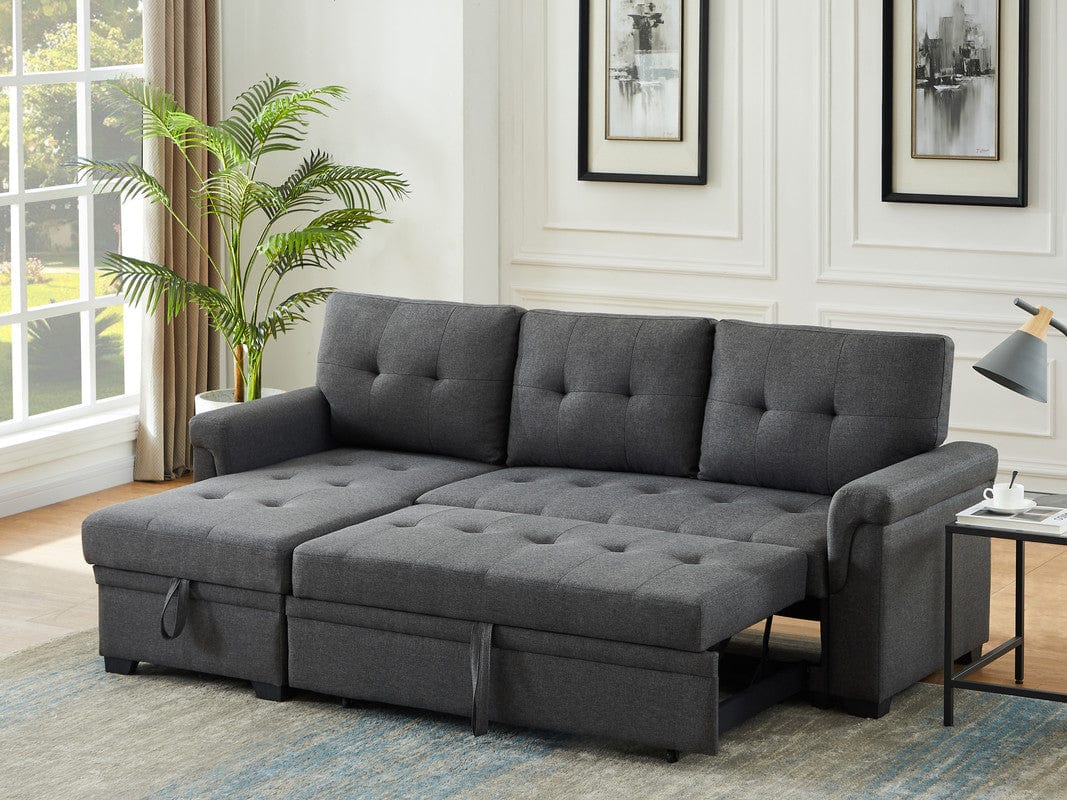Willow & Hearth Lucca 84"W Dark Gray Linen Reversible Sleeper Sectional Sofa with Storage Chaise