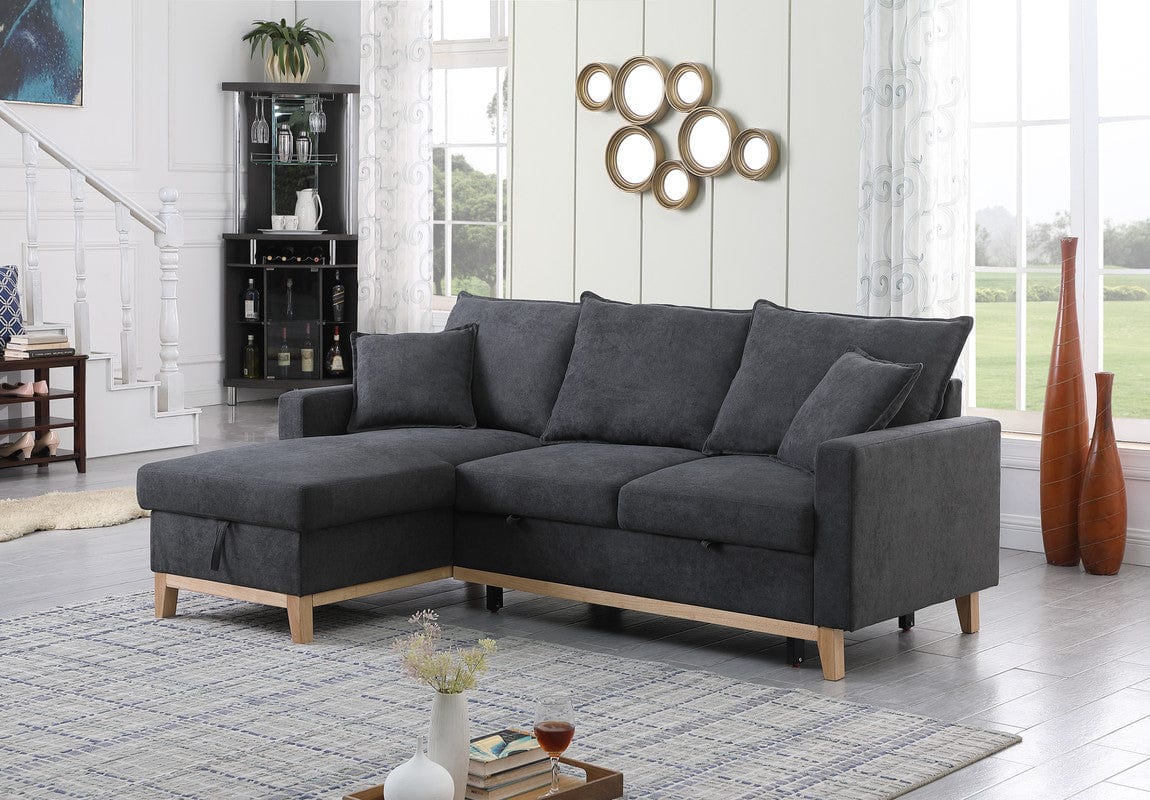 Willow & Hearth Colton 84.25"W Dark Gray Woven Reversible Sleeper Sectional Sofa with Storage Chaise