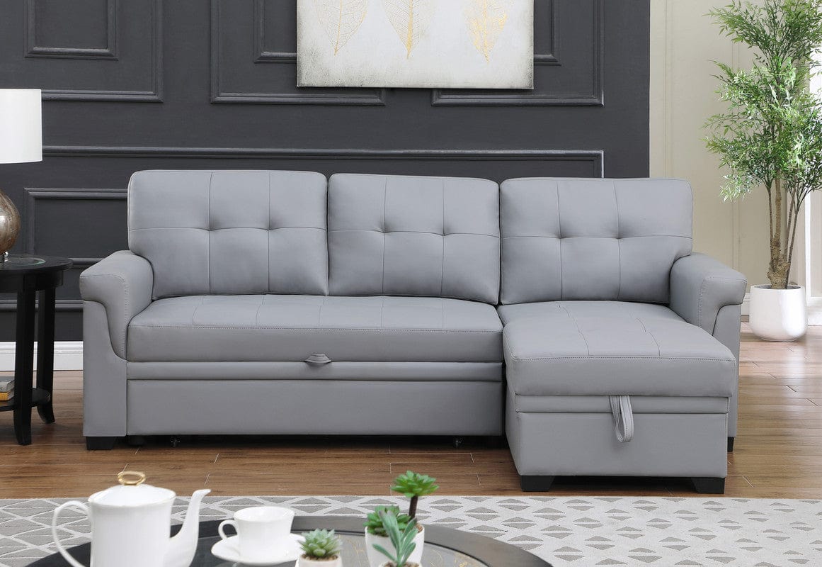 Willow & Hearth Lucca 83.5"W Gray Vegan Leather Modern Reversible Sleeper Sectional Sofa with Storage Chaise