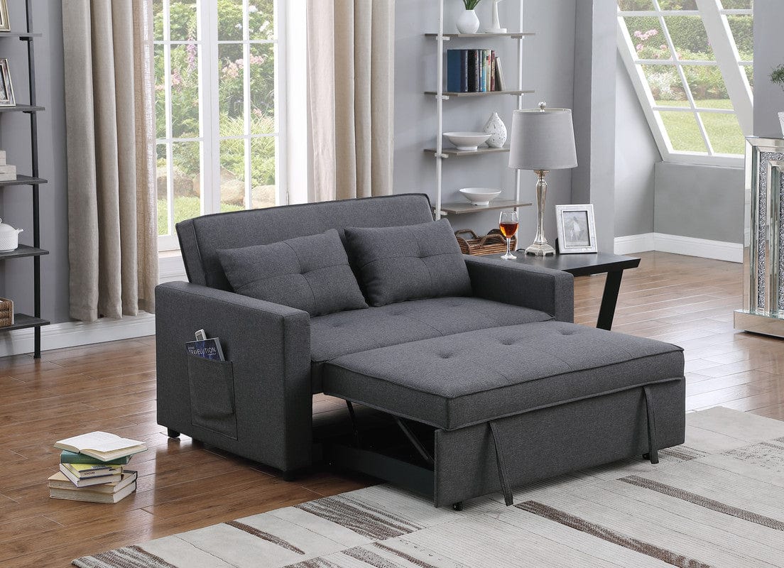 Willow & Hearth Zoey 56"W Dark Gray Linen Convertible Sleeper Loveseat with Side Pocket