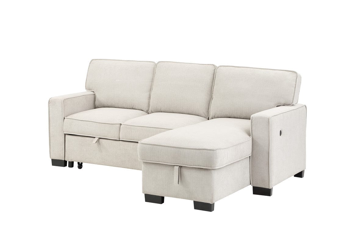 Willow & Hearth Estelle 86.5"W Beige Fabric Reversible Sleeper Sectional with Storage Chaise Drop-Down Table 2 Cup Holders and 2USB Ports