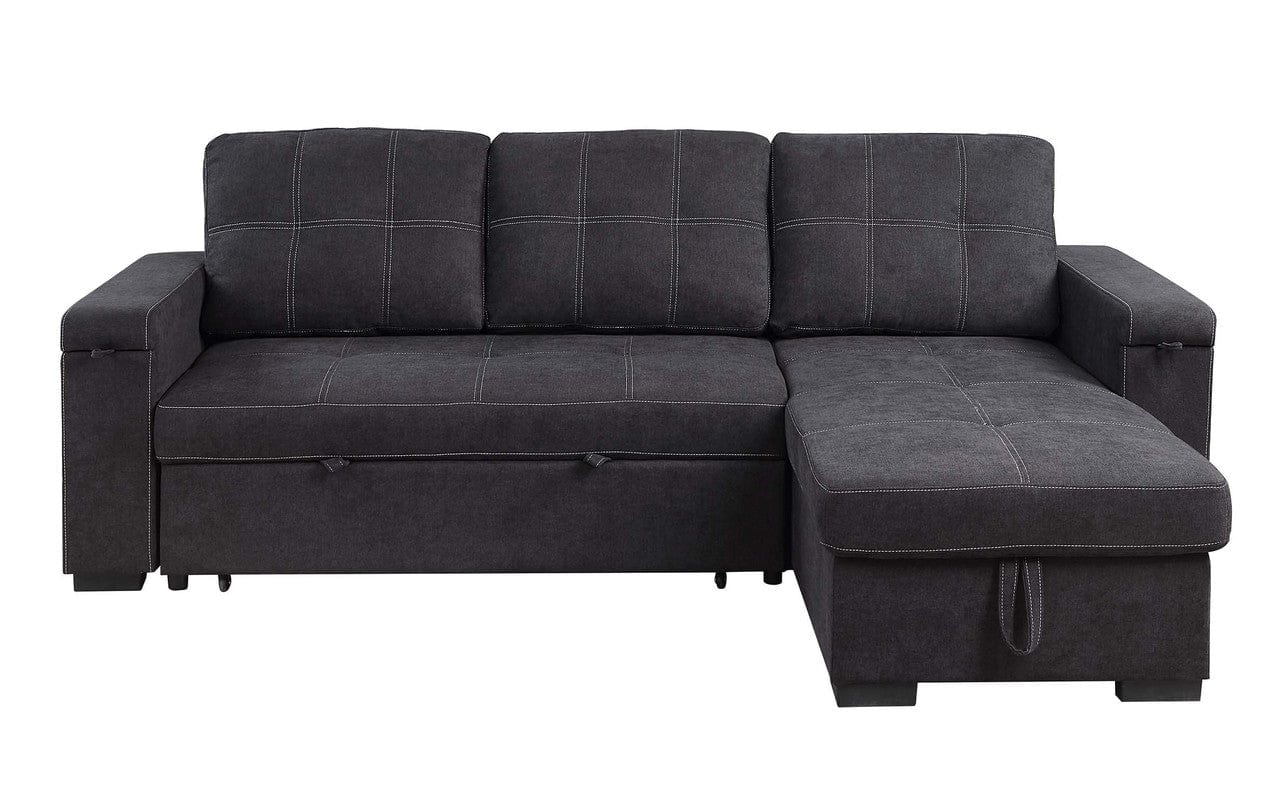Willow & Hearth Toby 95"W Black Woven Fabric Reversible Sleeper Sectional Sofa with Storage Chaise Cup Holder Charging Ports and Pockets