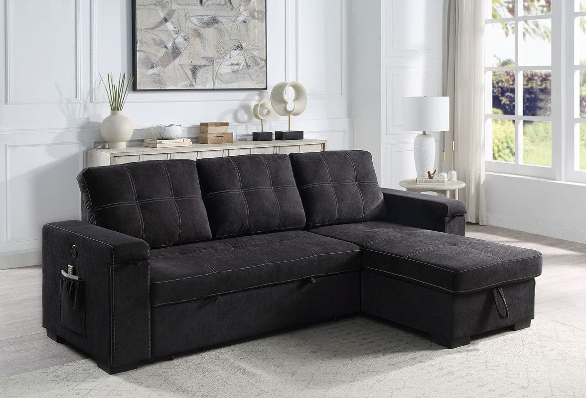 Willow & Hearth Toby 95"W Black Woven Fabric Reversible Sleeper Sectional Sofa with Storage Chaise Cup Holder Charging Ports and Pockets