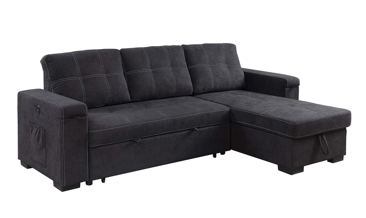 Willow & Hearth Toby 95"W Black Woven Fabric Reversible Sleeper Sectional Sofa with Storage Chaise Cup Holder Charging Ports and Pockets
