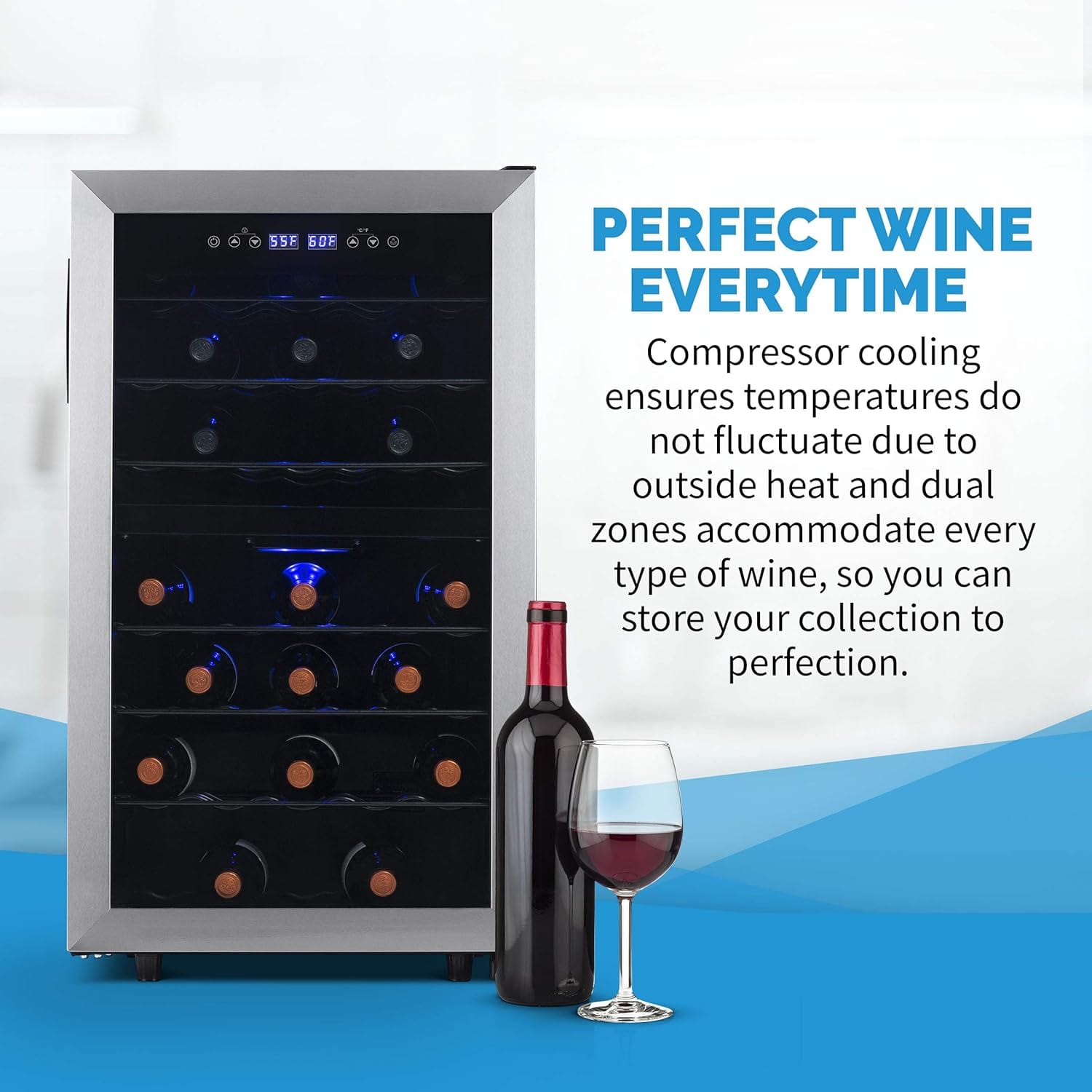 Newair Freestanding Dual Zone Wine Fridge, 43 Bottles, Stainless Steel - Certified Refurbished