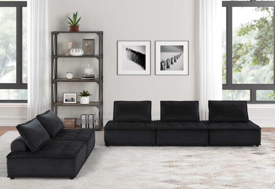 Willow & Hearth Anna 160"W Black Velvet 5 Pc Sectional Sofa Ottoman