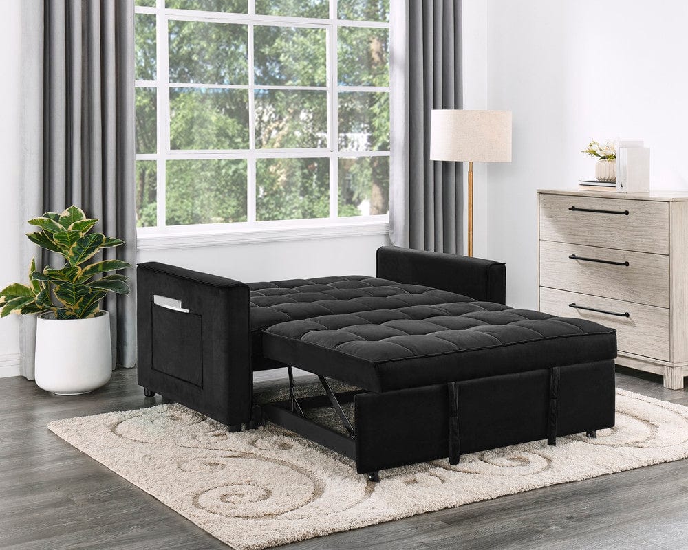 Willow & Hearth Maeve 53.5"W Black Velvet Convertible Sleeper Loveseat with Tufting and Side Pockets
