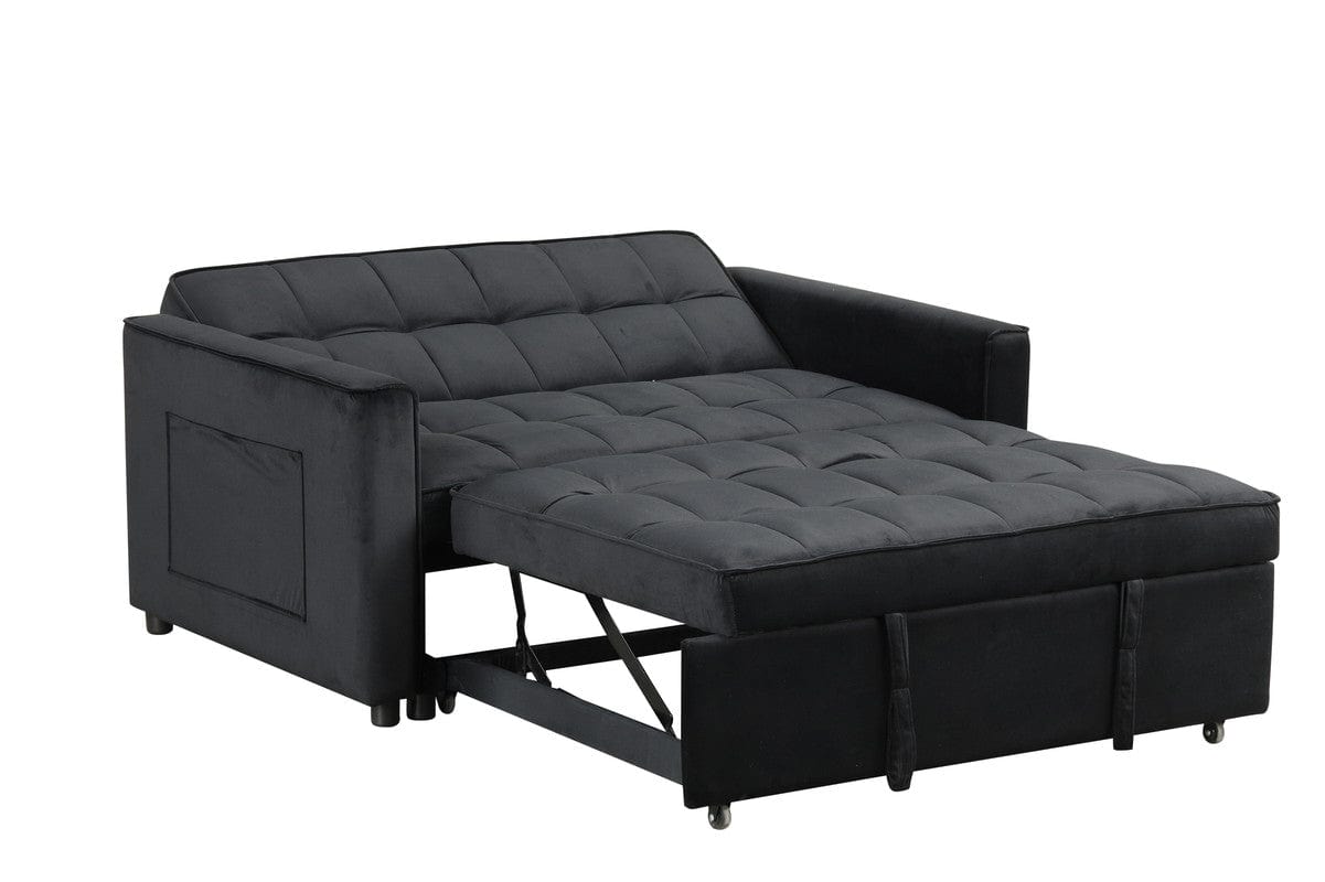 Willow & Hearth Maeve 53.5"W Black Velvet Convertible Sleeper Loveseat with Tufting and Side Pockets