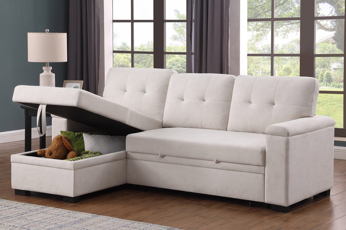 Willow & Hearth Lucca II 84.5"W Beige Woven Fabric Reversible Sleeper Sectional Sofa with Storage Chaise