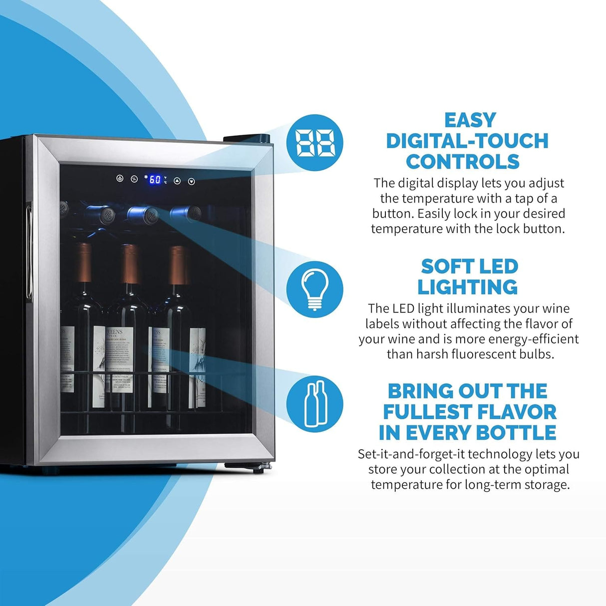 Newair Freestanding Wine Fridge with Digital Thermostat, 23 Bottles, Stainless Steel - Certified Refurbished