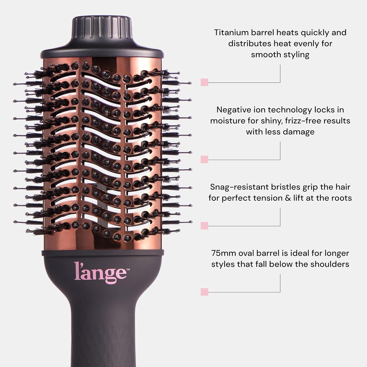 L'ange Hair Le Volume 2-in-1 Titanium Blow Dryer Brush, 75mm Oval Barrel, for Smooth, Frizz-Free Styling on All Hair Types, Black