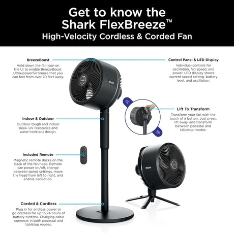 Shark FlexBreeze Indoor & Outdoor Fan with Pedestal & Tabletop, Portable, Remote, Quiet, Corded & Cordless, White - Open Box