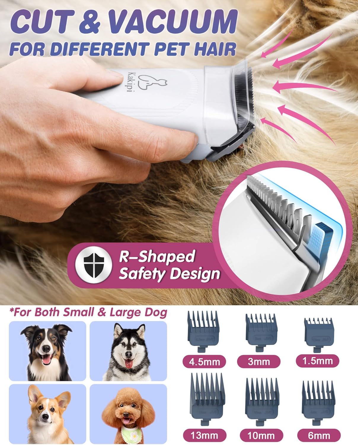 Kakipi Pet Grooming Kit & Vacuum, Includes Clippers, Dryer, Shedding Brush, 1.5L Dust Cup, 2 Filters, Quiet Pet Grooming for Dogs & Cats, Easy to Use