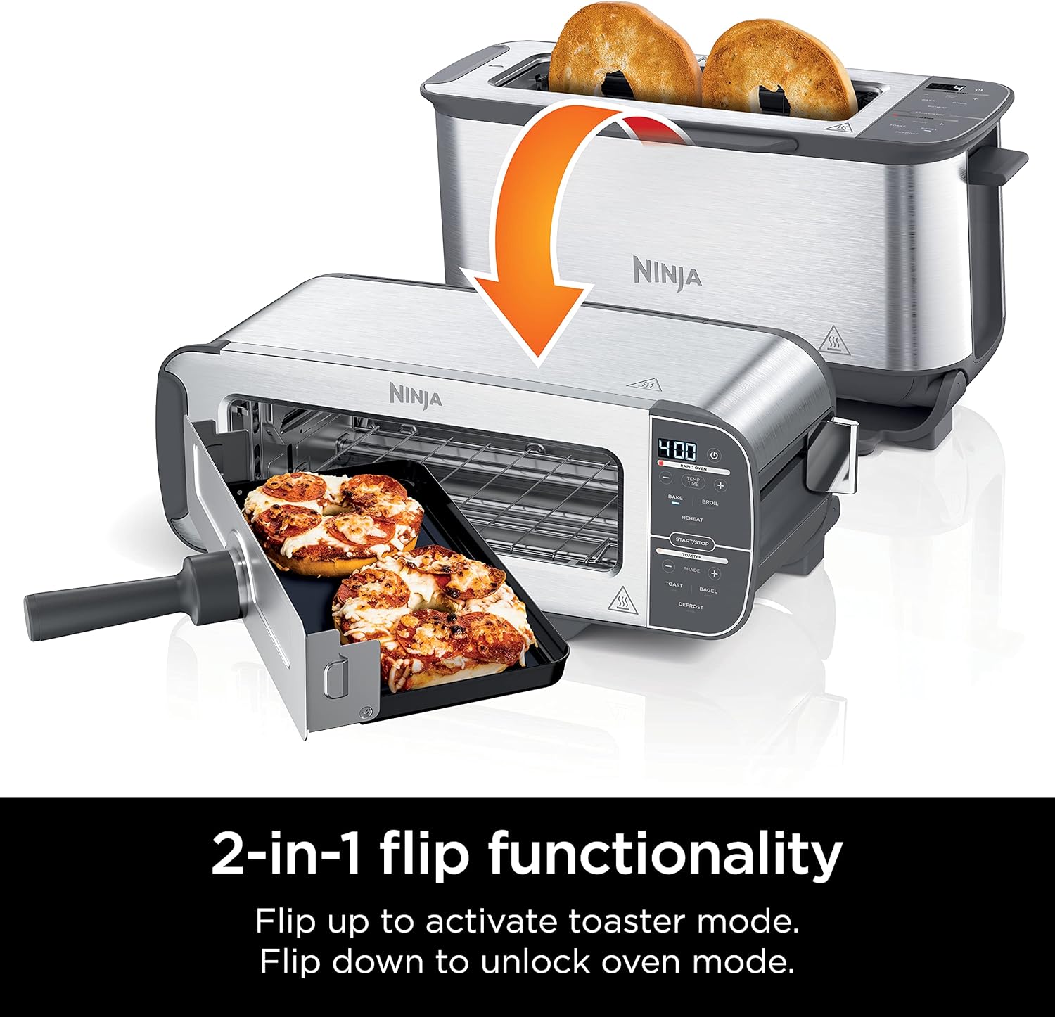 Ninja ST101 Foodi 2-in-1 Flip Toaster, 2-Slice Capacity, Compact Toaster Oven, Snack Maker, Reheat, Defrost, 1500 Watts, 6 Functions, Stainless Steel