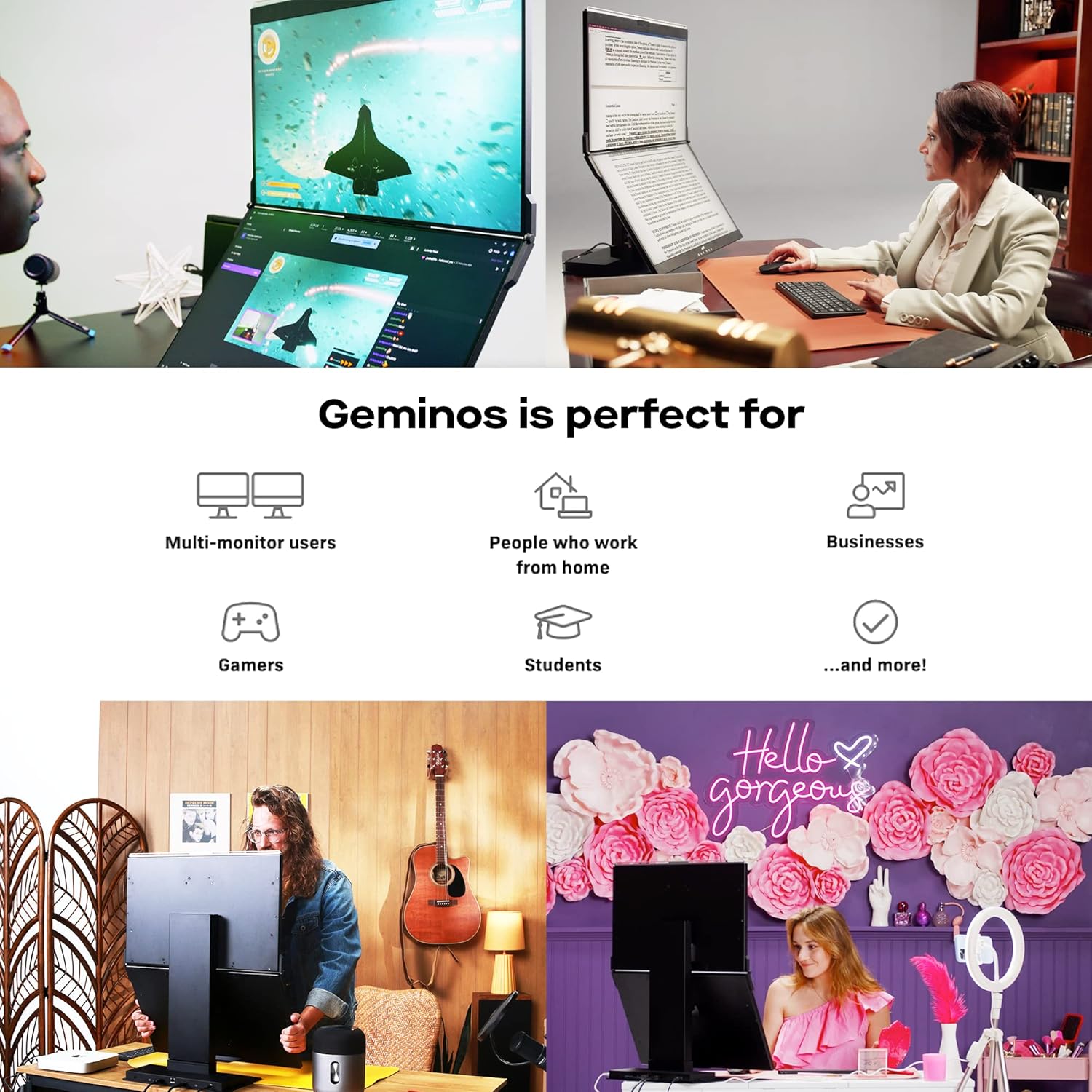 Mobile Pixels Geminos 24" IPS Dual-Screen Monitor, 65W USB-C Charging, 1080P Webcam, Ergo Design - Certified Refurbished