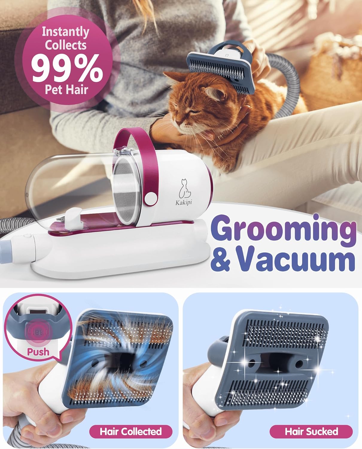 Kakipi Pet Grooming Kit & Vacuum, Includes Clippers, Dryer, Shedding Brush, 1.5L Dust Cup, 2 Filters, Quiet Pet Grooming for Dogs & Cats, Easy to Use