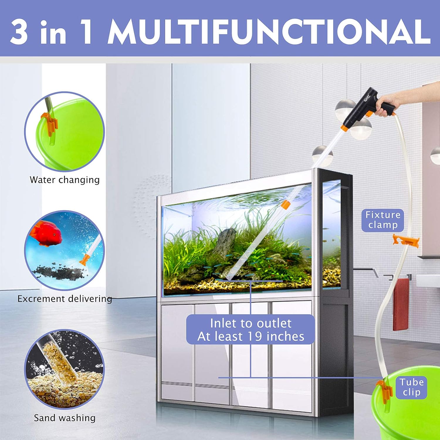 Hygger Aquarium Gravel & Sand Cleaner, Quick Water Changer with Air-Pressing Button for Easy Fish Tank Maintenance, Black & Orange