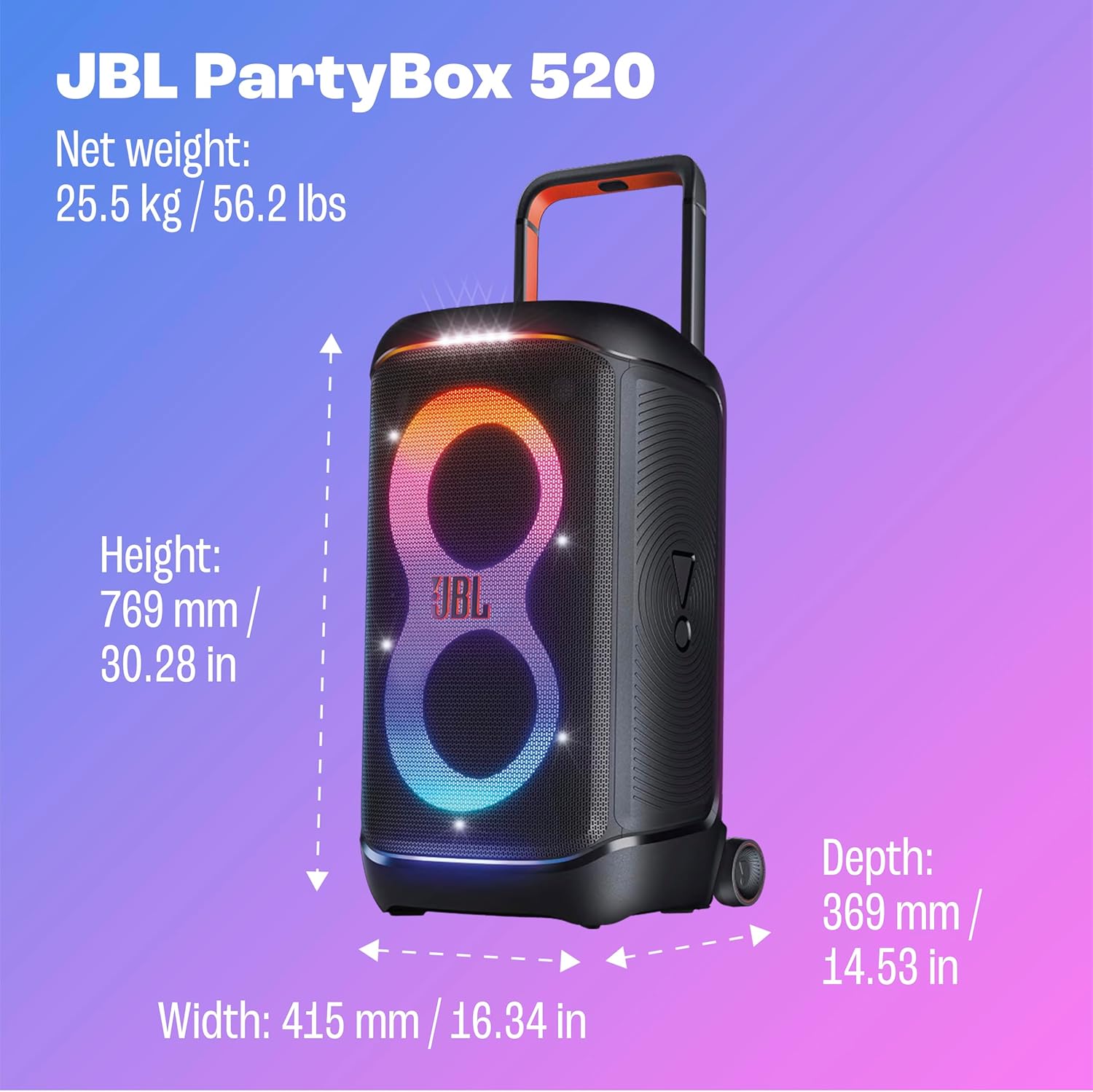 JBL PartyBox 520 Portable Floor Standing Bluetooth Speaker, Black - Certified Refurbished
