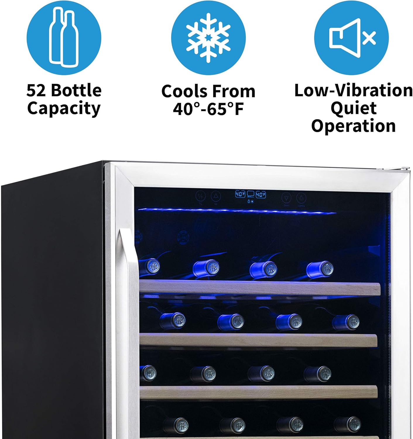 Newair 24" Built-In Wine Fridge with Beech Wood Shelves, 52 Bottles, Stainless Steel  - Certified Refurbished