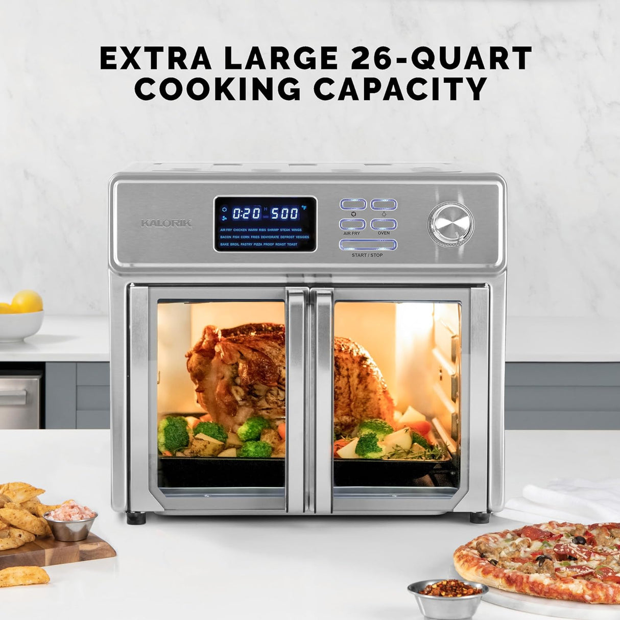 Kalorik MAXX 26 Quart 10-in-1 Countertop Toaster Oven & Air Fryer Combo, Glass French Door, 9 Accessories, 1700-Watts, Stainless Steel
