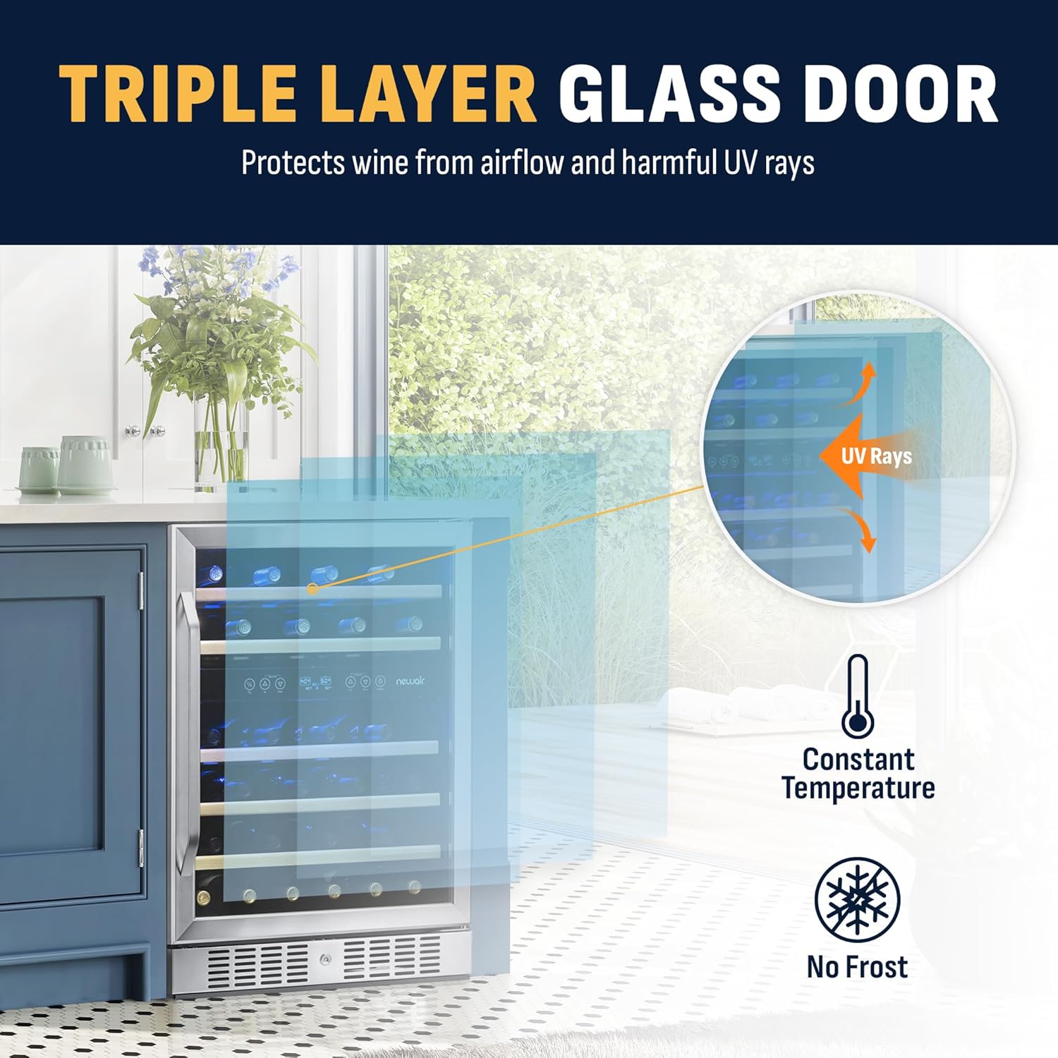 Newair 24" Dual Zone Wine Fridge with Beech Wood Shelves, 46 Bottles, Stainless Steel - Certified Refurbished