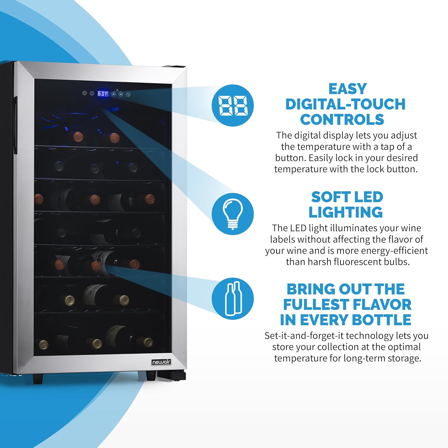 Newair Freestanding Wine Fridge with Adjustable Racks, 50 Bottles, Stainless Steel - Certified Refurbished