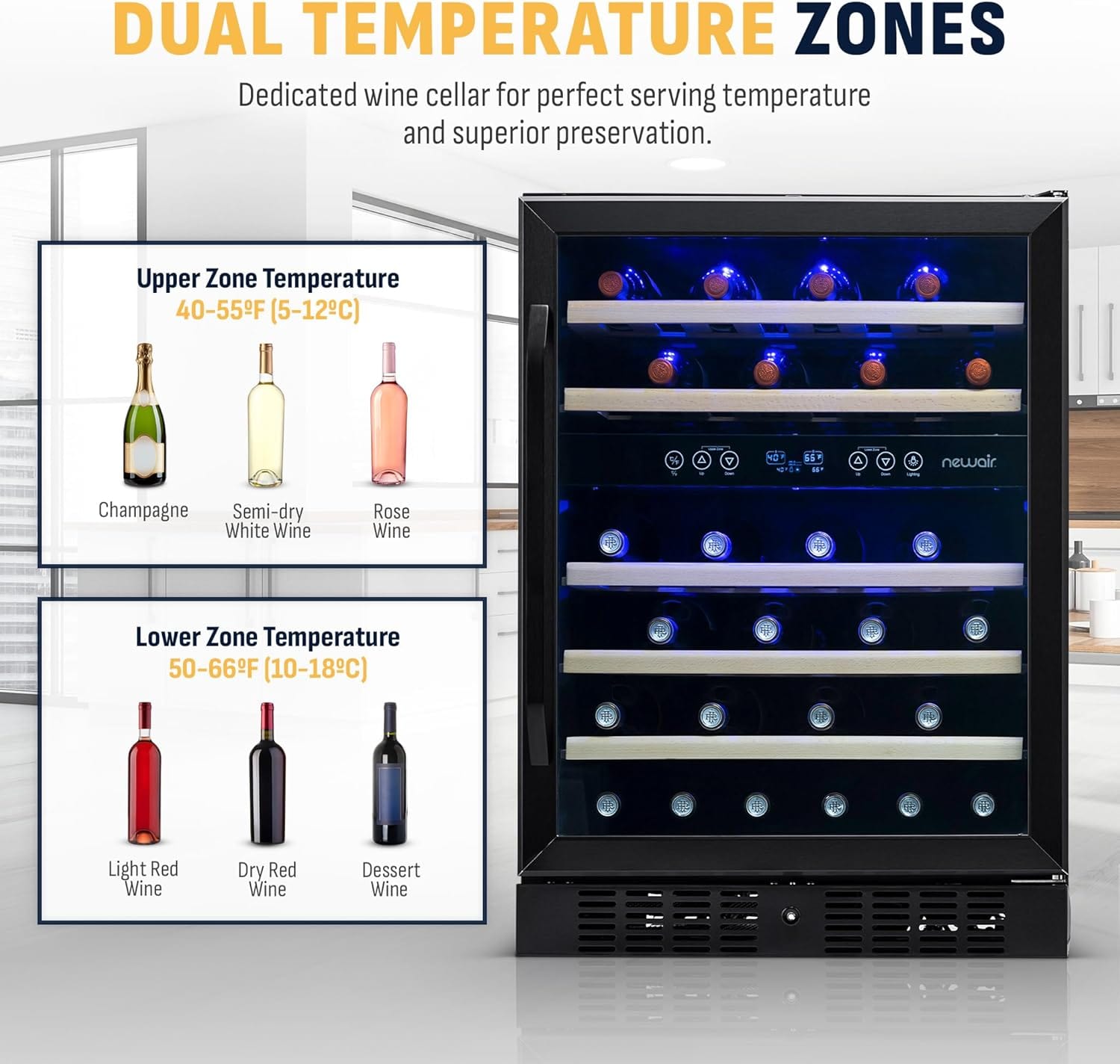 Newair 24" Built-in Dual Zone Wine Fridge, 46 Bottles, Black - Certified Refurbished