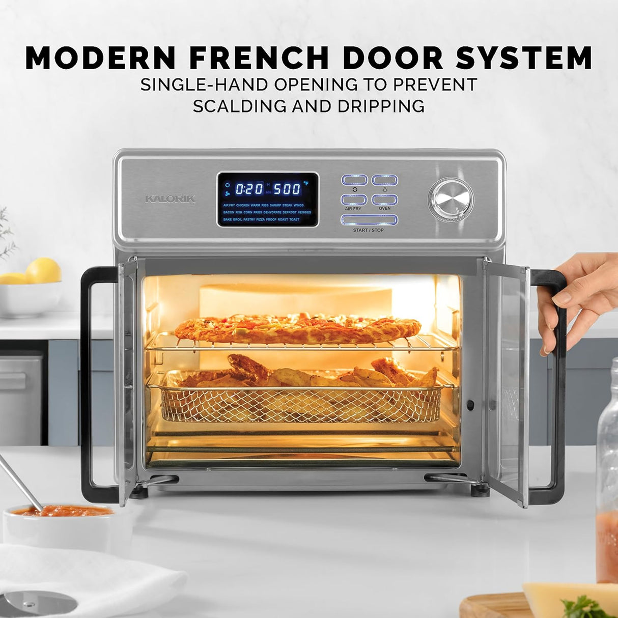 Kalorik MAXX 26 Quart 10-in-1 Countertop Toaster Oven & Air Fryer Combo, Glass French Door, 9 Accessories, 1700-Watts, Stainless Steel