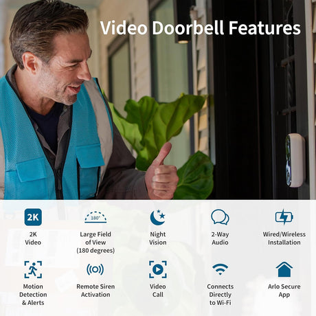 Arlo Video Doorbell 2nd Gen 2K, White - Certified Refurbished