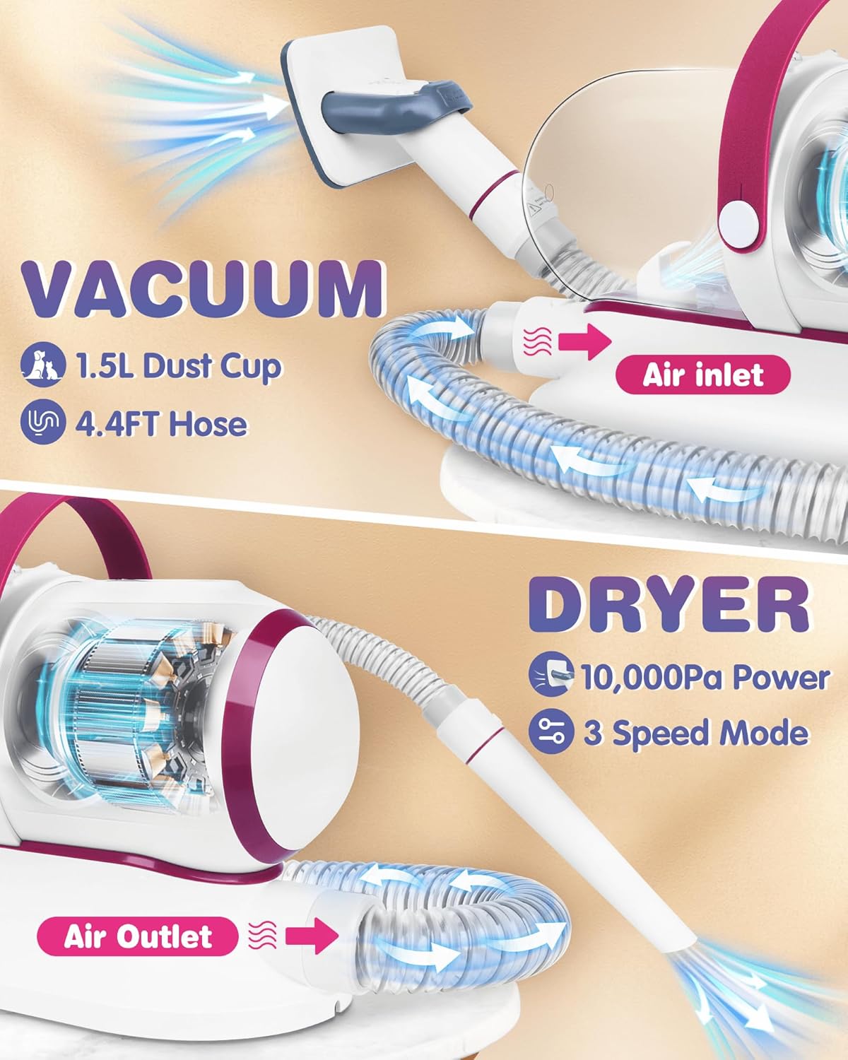 Kakipi Pet Grooming Kit & Vacuum, Includes Clippers, Dryer, Shedding Brush, 1.5L Dust Cup, 2 Filters, Quiet Pet Grooming for Dogs & Cats, Easy to Use