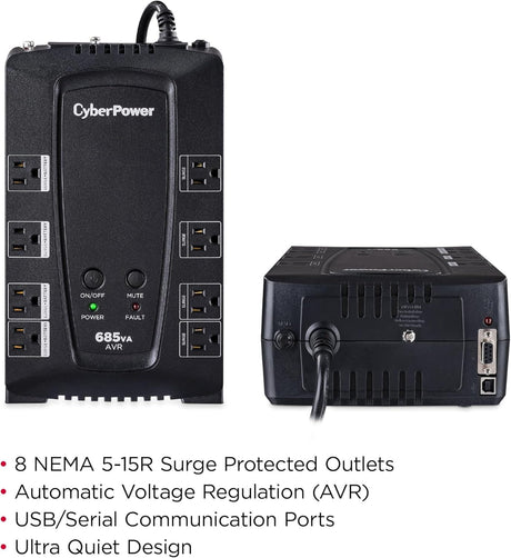 CyberPower AVR UPS Battery Backup and Surge Protector, 685VA/390W, 8 Outlets - Certified Refurbished