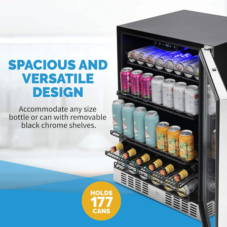 Newair 24" Built-in Beverage Fridge with Triple-Pane Glass, 177 Cans, Stainless Steel - Certified Refurbished