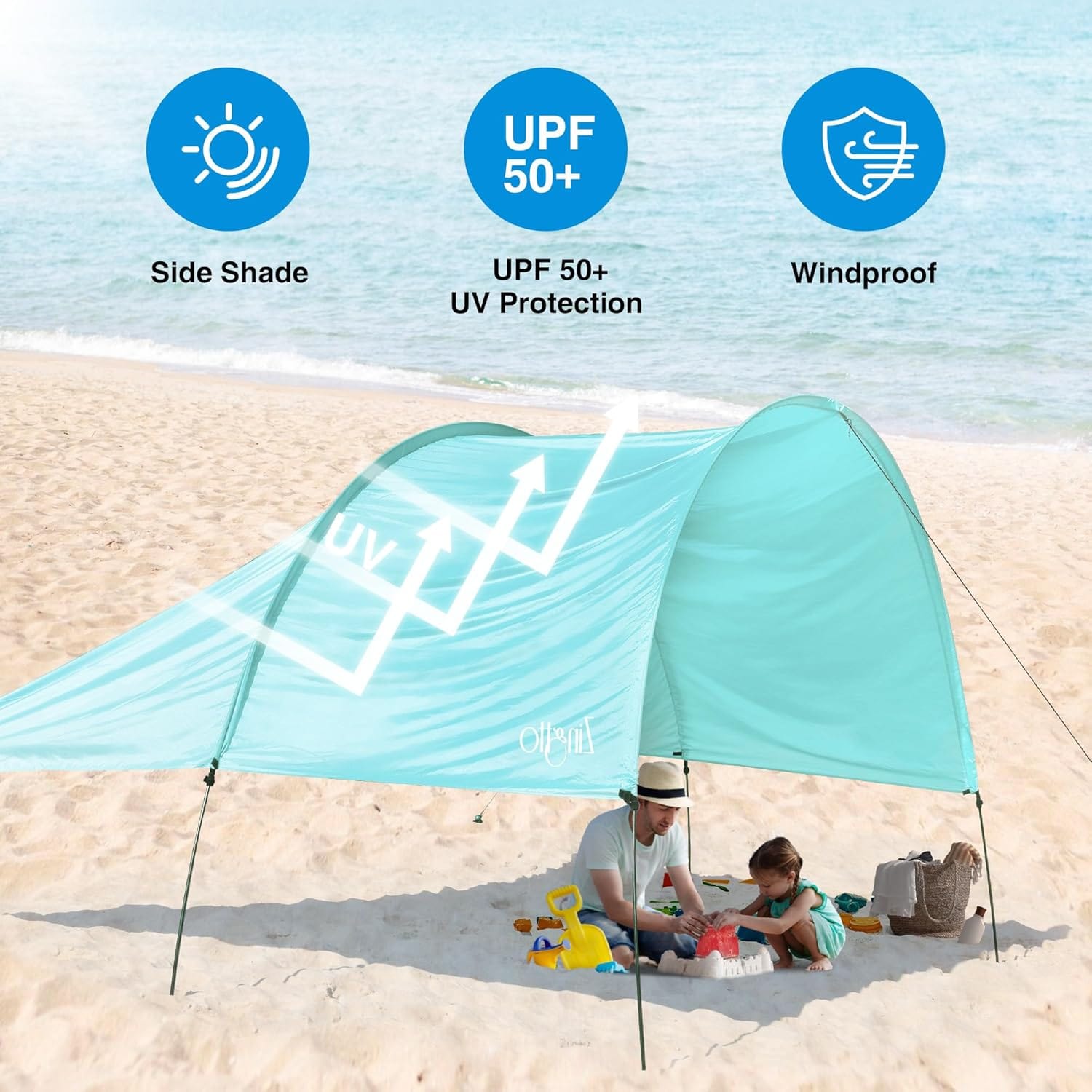 Zingtto Beach Sun Shade, UPF 50+ UV Protection, 150 Sq. Ft. Windproof Canopy Tent,  Easy Set Up, Compact & Portable for Beach, Camping, Backyard, Aqua