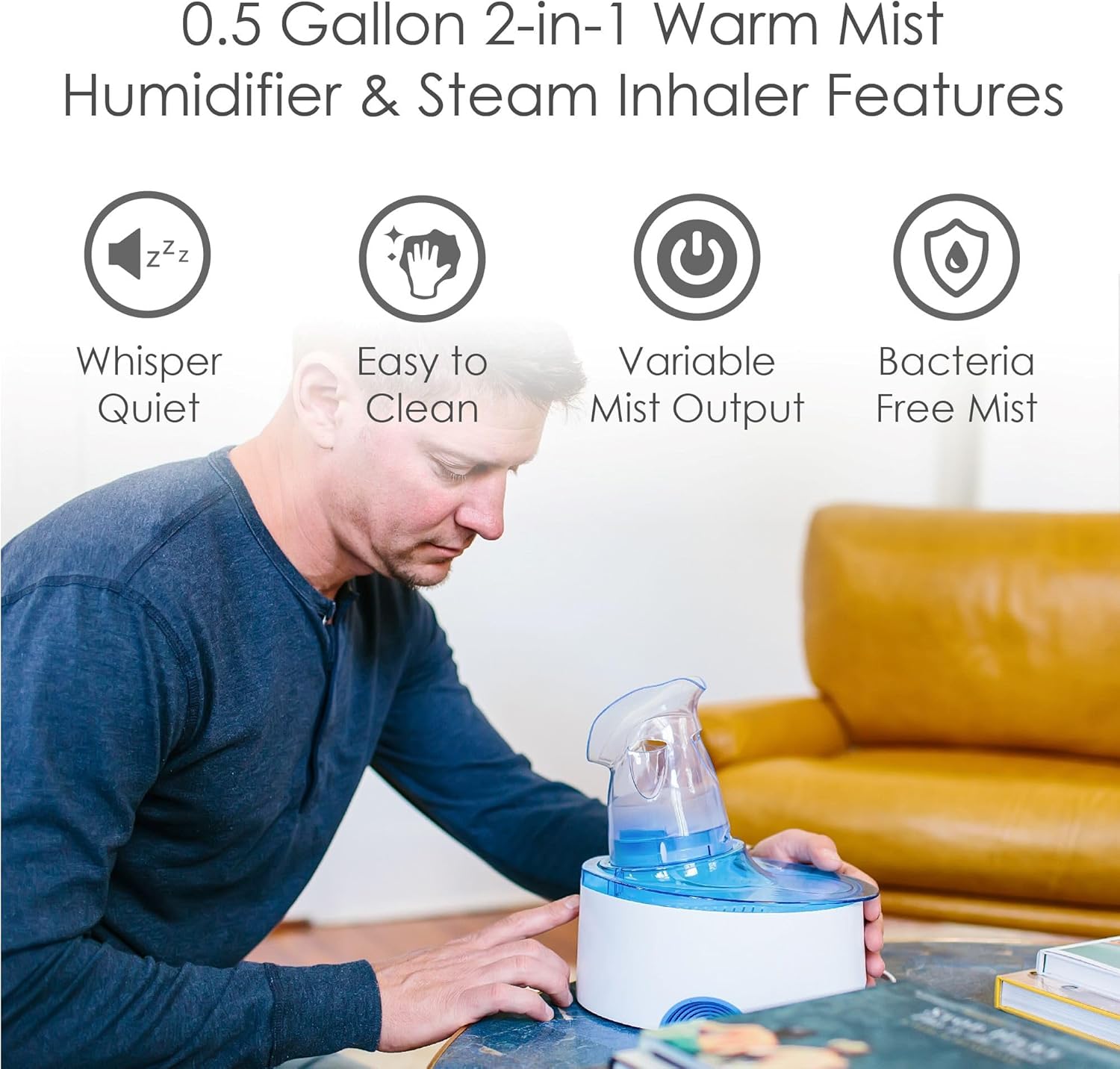 Crane 0.5 Gal Steam Inhaler & Warm Mist Humidifier, Bedroom Sinus Vaporizer, HSA/FSA Eligible, Blue/White