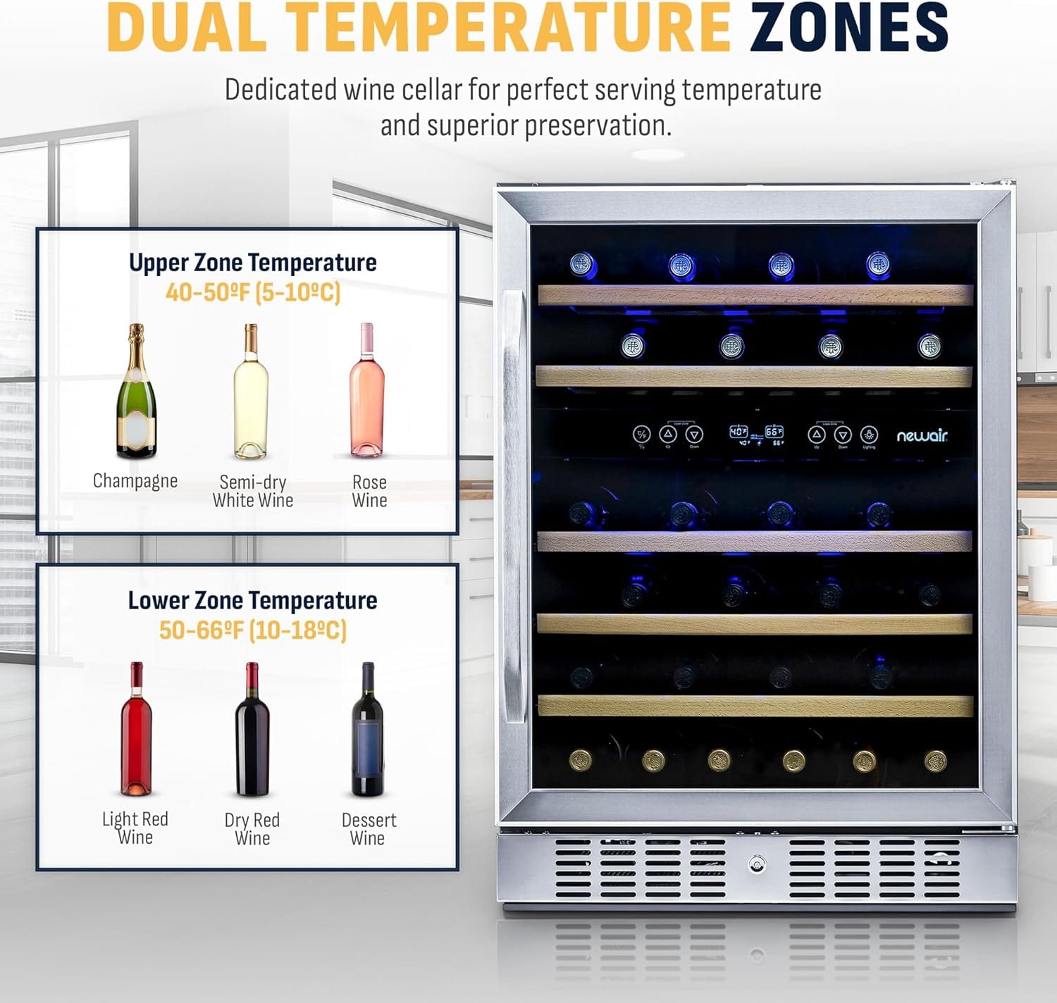 Newair 24" Dual Zone Wine Fridge with Beech Wood Shelves, 46 Bottles, Stainless Steel - Certified Refurbished