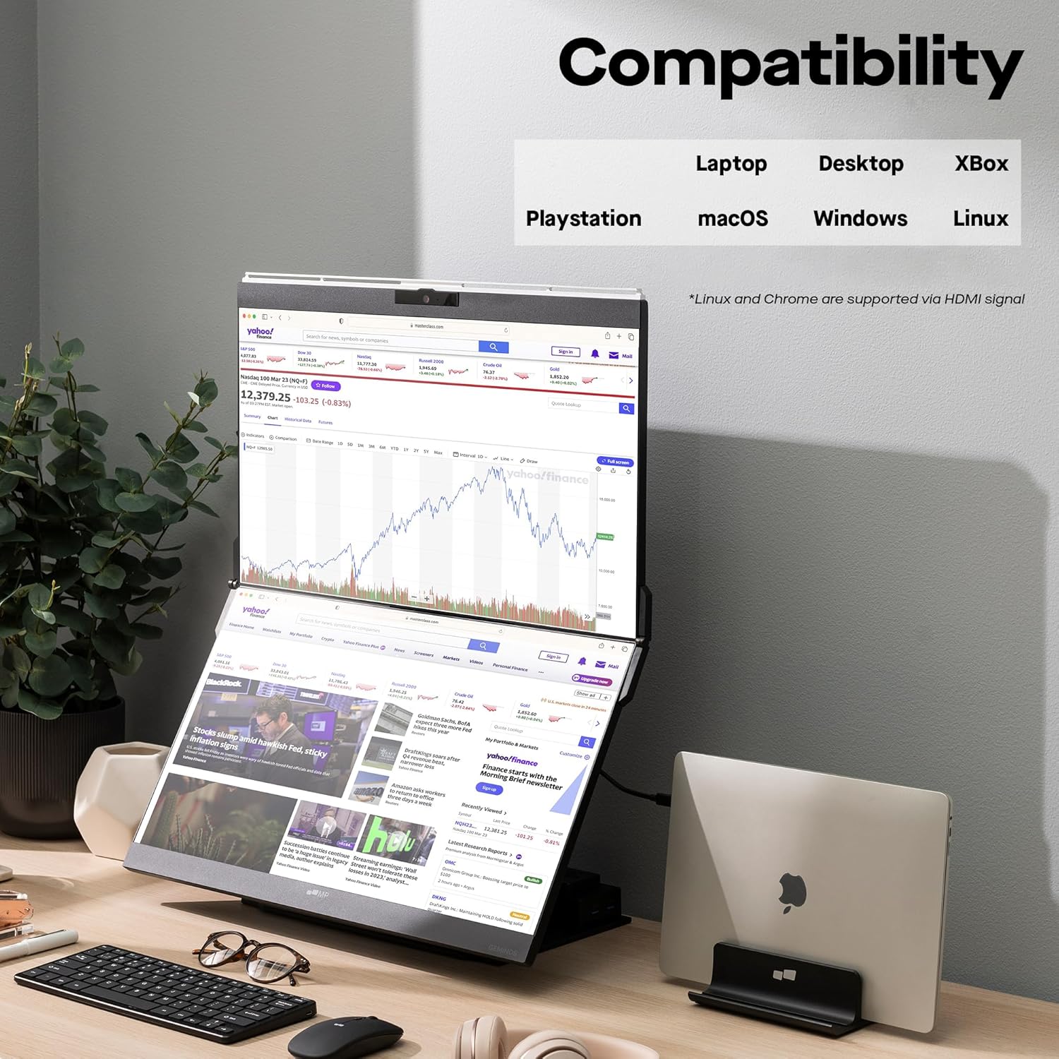 Mobile Pixels Geminos 24" IPS Dual-Screen Monitor, 65W USB-C Charging, 1080P Webcam, Ergo Design - Certified Refurbished