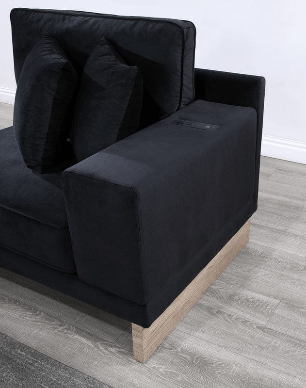 Willow & Hearth Memphis 122.5"W Black Velvet Reversible Sectional Sofa Ottoman with Storage Compartment, Drawer, USB ports, Charging Outlets