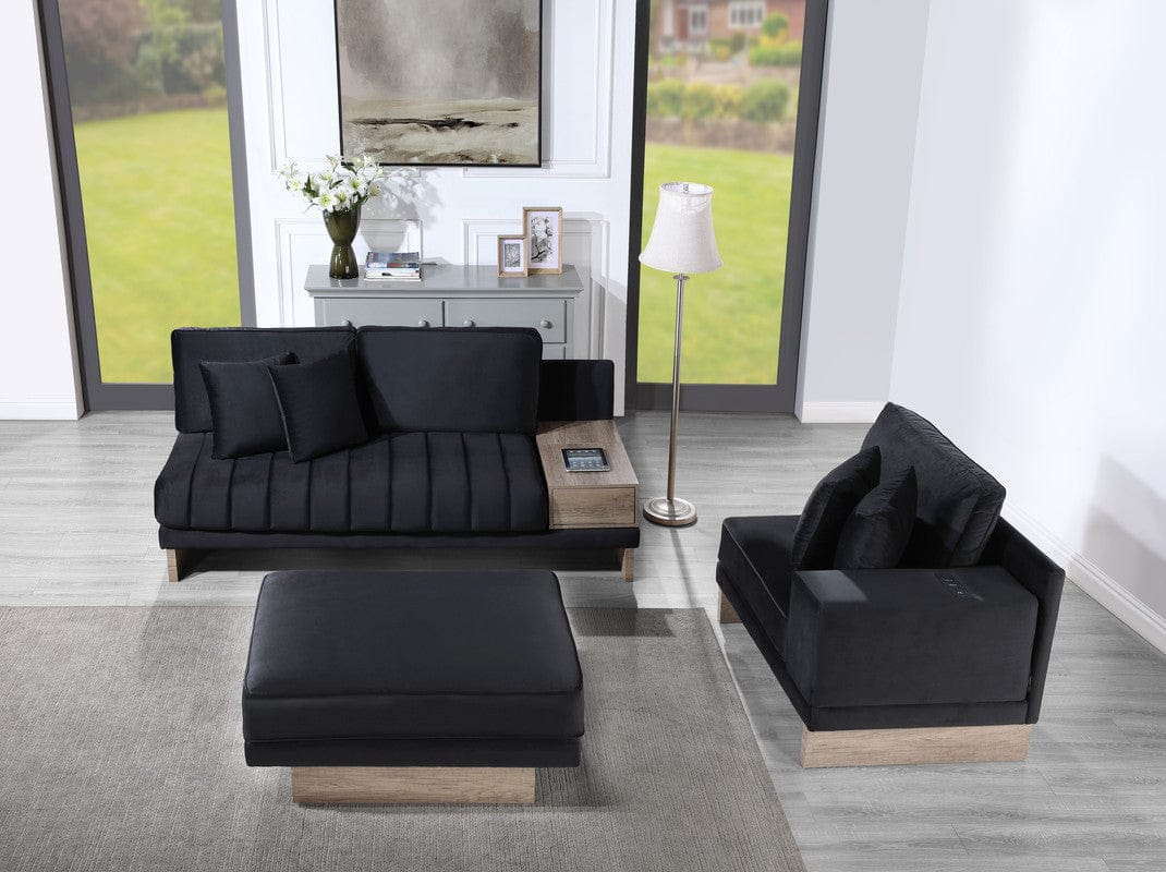 Willow & Hearth Memphis 122.5"W Black Velvet Reversible Sectional Sofa Ottoman with Storage Compartment, Drawer, USB ports, Charging Outlets