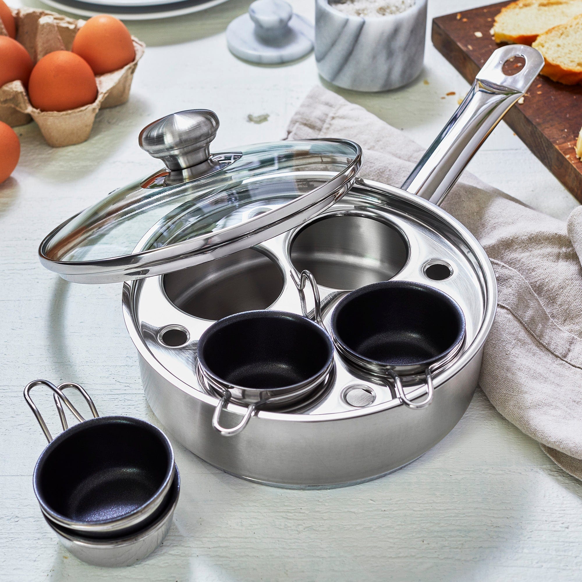 Demeyere Resto 4-cup Stainless Steel Egg Poacher Set