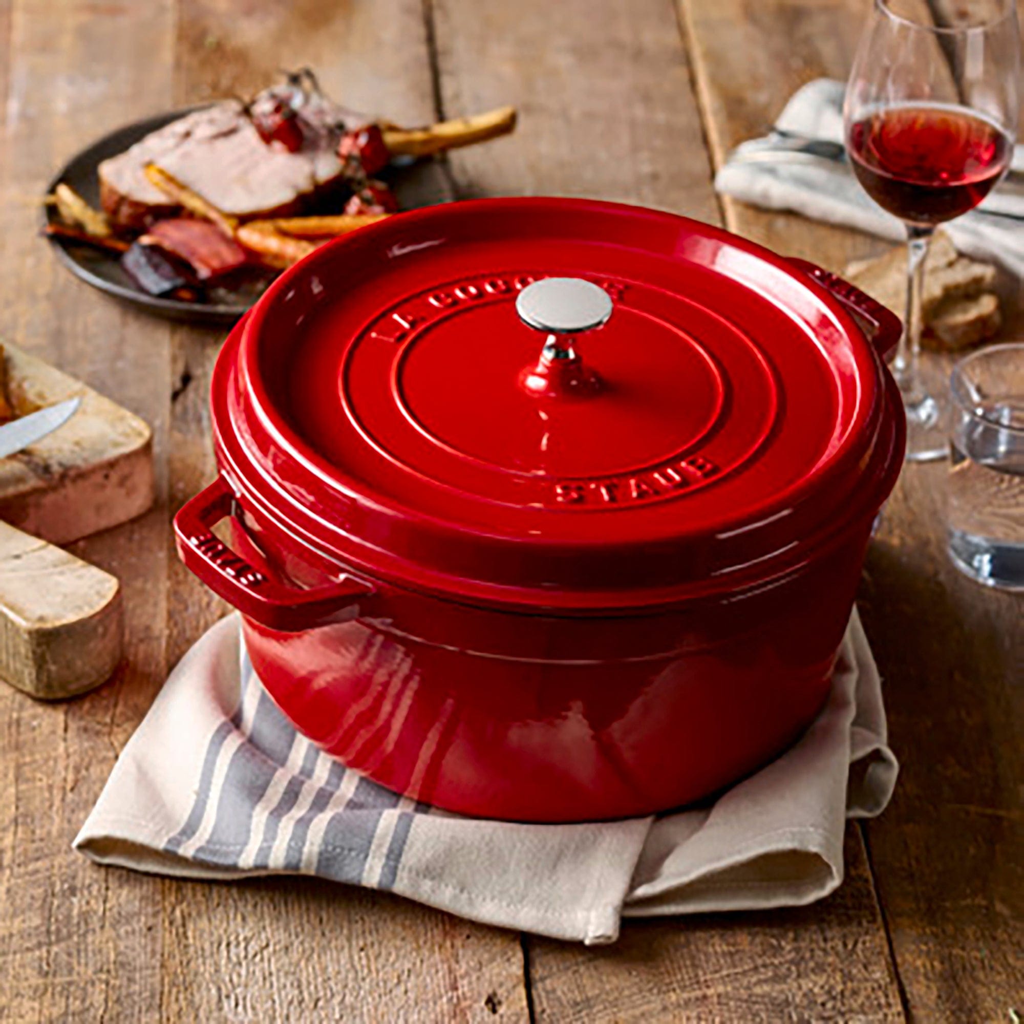 Staub Cast Iron Round Cocotte, Dutch Oven, 5.5-quart, serves 5-6, Made in France, Cherry