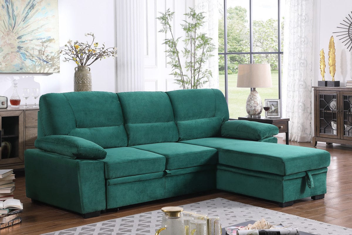 Willow & Hearth Kipling 97.5"W Green Velvet Fabric Reversible Sleeper Sectional Sofa Chaise